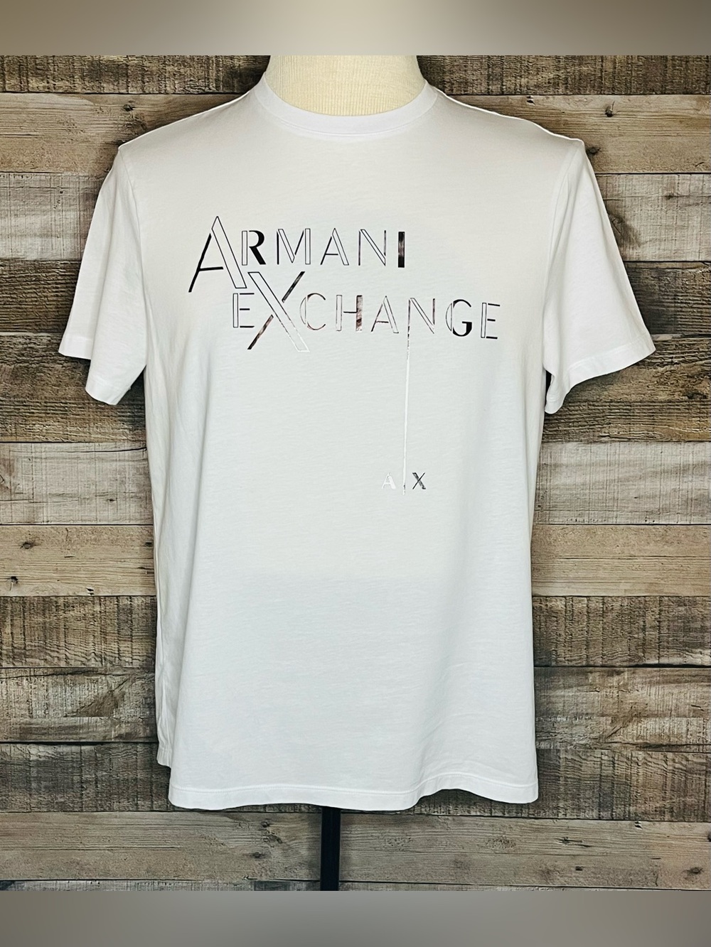 Armani Exchange White Short-Sleeve 
T-shirt with Silver Metallic Logo